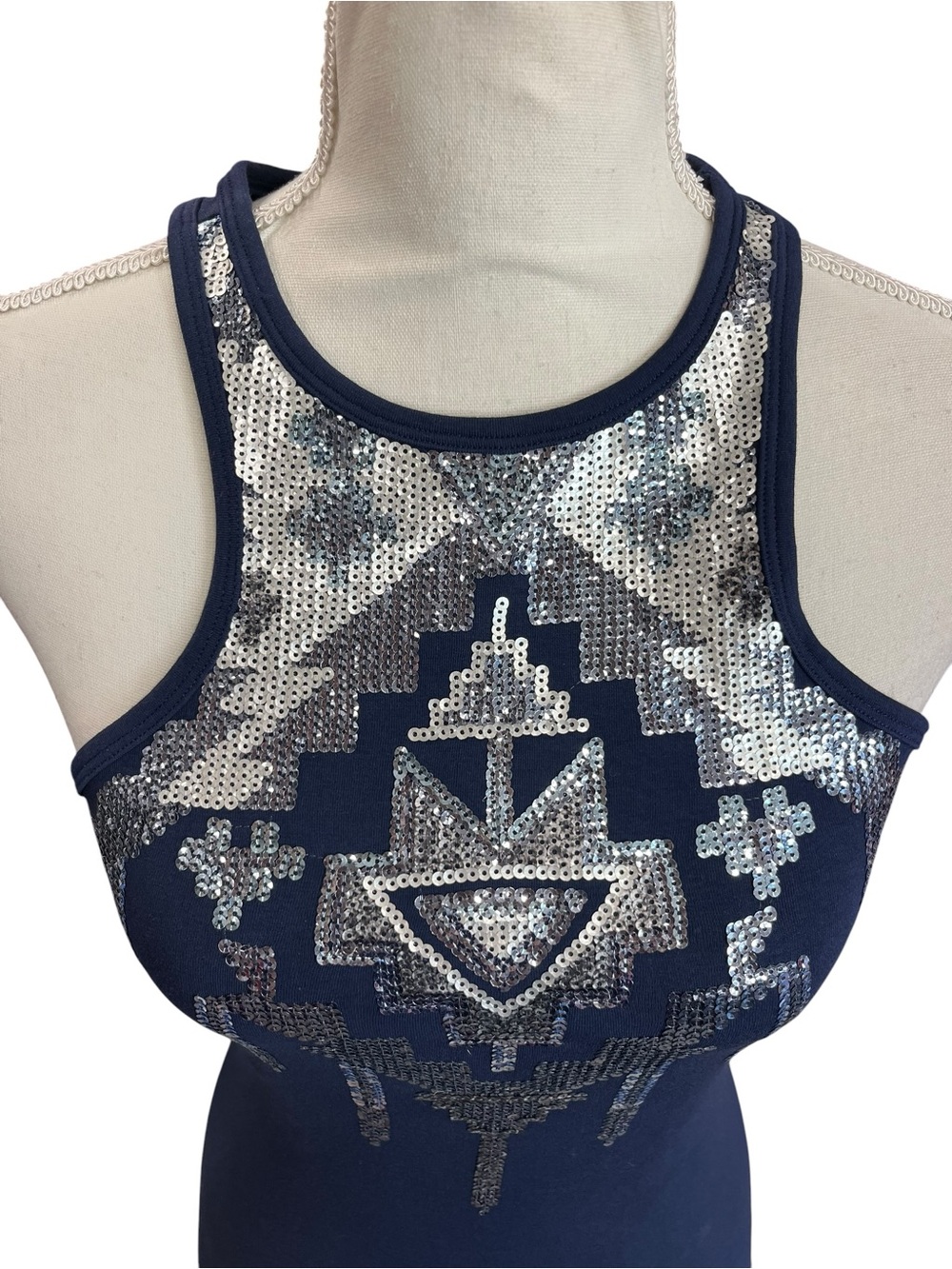 Express Sequin Aztec Bodycon Dress XS Navy Blue Racerback Stretch Mini - Picture 8 of 10